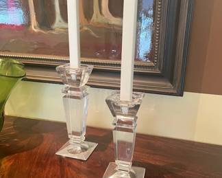 Two Heavy Glass Candlestick Holders