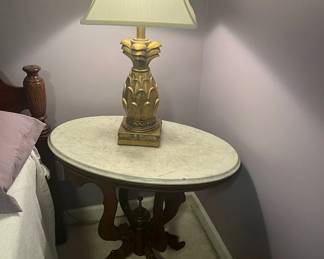 Antique Victorian Marble Top Table and Lamp