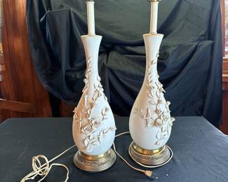Vintage porcelain bisque lamps with beautiful floral sculpting