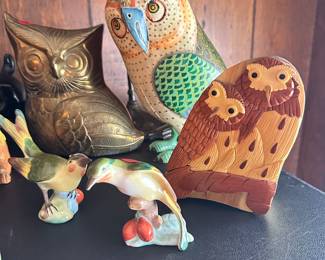 Brass owl, wooden owls, ceramic bird