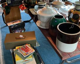 Crocks, Dishes, Metal Box & Misc. on Picnic Table
Location Enclosed Patio and/or Kitchen