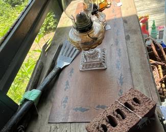 Antique Table w/Drawer & Vintage Kerosene Lamp (Enclosed Patio)