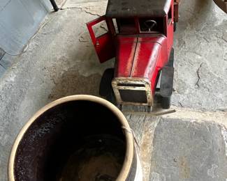 Large Crock & Vintage Metal & Wood Truck (Enclosed Patio)