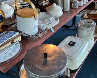 Pots & Pans, Corelle, Pyrex, Electric Skillet & Etc... on Picnic Table Location Enclosed Patio and/or Kitchen