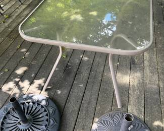 Outside Glass Patio Table & 2 Heavy Umbrella Stands (Location Outside Patio)