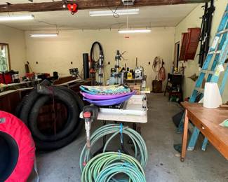 Garage View Hoses, Snow Saucers, Ladder, Table, Irrigation Hose/Pipe