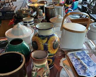 Crocks, Dishes, Vases, Serving Ware & Misc. on Picnic Table Location Enclosed Patio and/or Kitchen