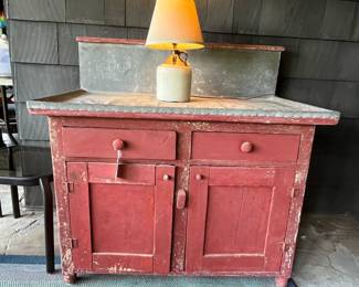 Antique Tin Topped Double Door/Drawer Hutch w/Crockery Lamp upon it (Enclosed Patio)