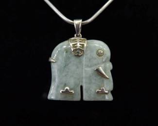 .925 Sterling Silver Jade Elephant Pendant Necklace