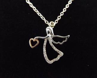.925 Sterling Silver Diamond and 10K Gold Accented Angel Pendant Necklace