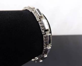 .925 Sterling Silver Art Nouveau Inlayed Onyx and Mother of Pearl Bracelet