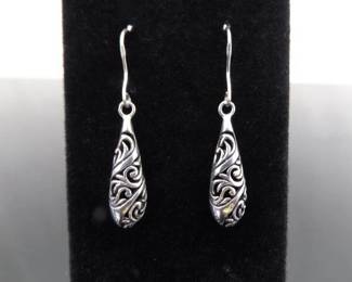 .925 Sterling Silver Scrolled Dangle Hook Earrings