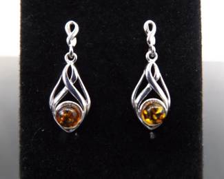 .925 Sterling Silver Amber Cabochon Dangle Post Earrings
