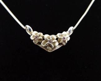 .925 Sterling Silver Pink Sapphire Crystal Flower Necklace