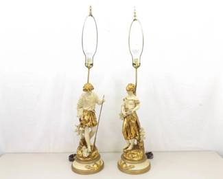 2 LARGE HEAVY Metal L & F Moreau Figural Lamp Set