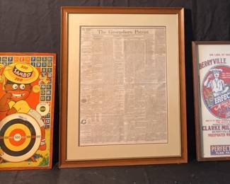 Framed Greensboro Patriot 1872, Vintage Framed Berryville Milks Flour Sack, Vintage Sambo Tin Game