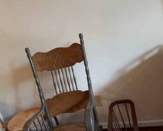 Vintage Wooden Rocking Chair, Stool, And Magazine Rack