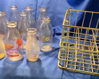 12 Vintage Milk Bottles With Carrier