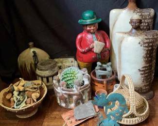 Lot Of Aztec Type Decor Including Pottery, Sculptures, Baskets,And More 