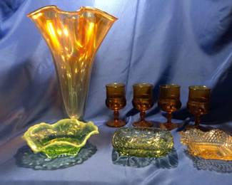 Carnival Glass Vase And Miscellaneous Trays Plus Drinking Glasses
