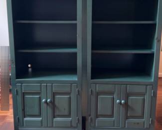 Pair Of Painted Green Book Cases W 3 Shelves and cabinet 