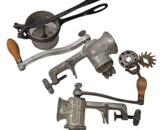 138 - Antique Grinders & Antique Cast Iron Potato Ricer Eveready Food Chopper #5 Universal Food Chopper #1 Silver & Co. NY - Cast Iron Potato Ricer