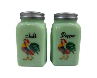 1931 - Pair Jadeite Rooster Salt & Pepper Shakers 4"