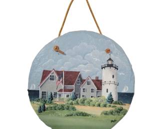 128 - Hand Painted Hanging Slate w/ lighthouse signed, 7.5" round