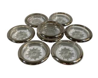 4168 - 8 Silver Plate Rim Glass 4" Coasters