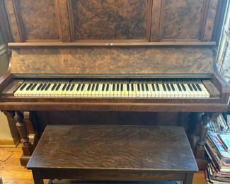 Antique Upright Piano Wm. Knabe & Co. - Baltimore, MD. Serial #10538 - c.1890s. Original keytops and fine burled walnut veneer. Beautiful cabinet craftsmanshop and rich tone. Sold locally as-is. Buyer responsible for moving, but moving contacts available.