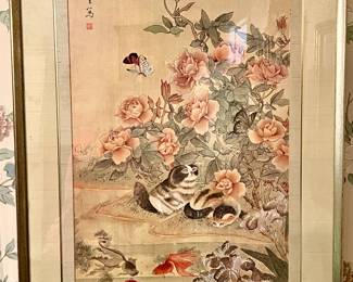 Large Asian cat and goldfish print framed.