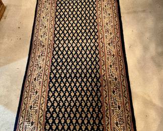 2.5x12' Navy Geometric wool runner rug with intricate detail.  