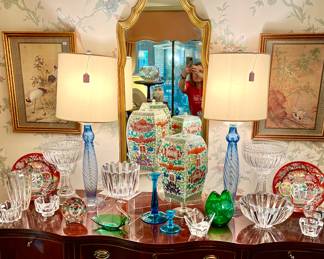 Hickory buffet with Murano lamps, Ginger Jars, and Orrefors crystal.