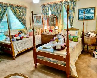 Sweet linen room with tablecloths, sewing, bunnies.  