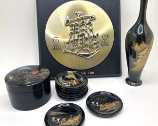 Set 8 Asian Coasters In Box With Mother Of Pearl Inlay, Japanese Vase & Chinese Sign
Lot #: 130
