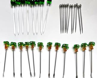 3 Sets Cocktail Forks & Spikes: Coconut Trees, Glass With Green Olives & Metal
Lot #: 109