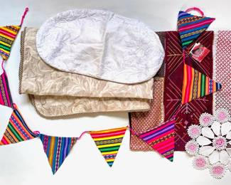 New Square Brocade Table Cloth, 3 Pillow Covers, Peruvian Flags & Hand Crocheted Doily
Lot #: 104