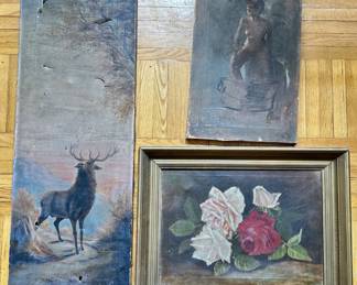 3 Antique Oil Paintings Of Deer, Flowers & Woman In Tub, 1 In Frame
Lot #: 55