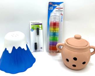 Ceramic Garlic Holder, Volcano Microwave Steam Cleaner, Stackable Pill Box & Glass Medicine Droppers
Lot #: 159