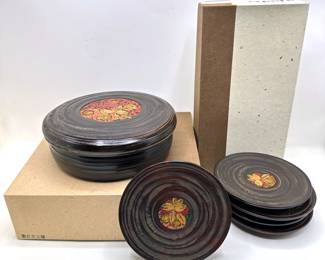 New In Box Japanese Serving Bowl With Cover & 5 Dishes, Natural Coated Wood With Lacquer Decoration
Lot #: 17