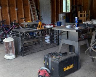 Table saw, bicycles, car and construction tools