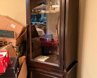 Matching dark wood Curio cabinets with glass shelves, 