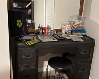 Wood Antique Desk or Beauty Table with stool, Mirror with wood frame, school / office supplies