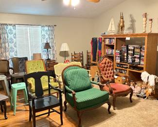 Antique and modern chairs, Oak wood entertainment cabinet, wicker tv stand, antique lamp table, VHS and player