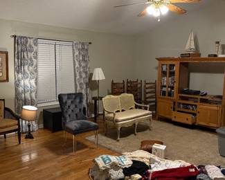 Antique and modern chairs, Oak wood entertainment cabinet, wicker tv stand, antique lamp table, 