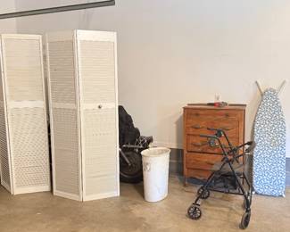 Room divider, antique chest, medical walker, ironing board