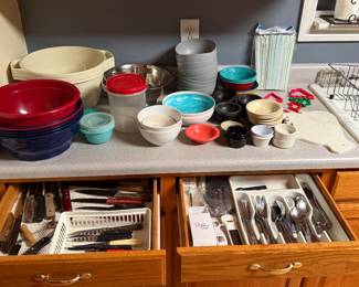 Various kitchen bowls and utensils