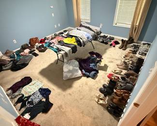 (SOME ITEMS SOLD) Hats, shoes, boots, bra’s, sports bras, curio cabinet 