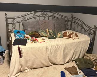 Daybed with mattress and trundle, shelf, blankets, clothing