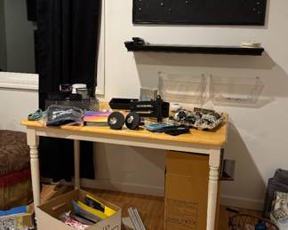 table, corkboard, wall shelf, cabinet knobs / drawer pulls, shelving pieces, etc